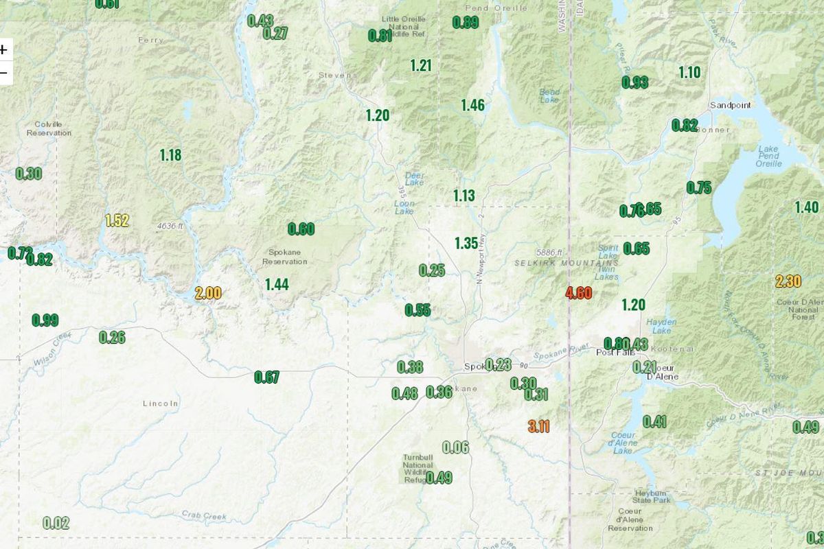 The Inland Northwest received signifcant rainfall over the weekend. In the 48 hours ending about 8 a.m. Monday, Aug. 12, 2019, amounts varied widely. (National Weather Service)