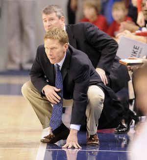 Gonzaga coaches Mark Few and Leon Rice bear down during the 1st half of the Idaho game at the McCarthey Athletic Center, November 18, 2008.  DAN PELLE The Spokesman-Review (Dan Pelle / The Spokesman Review)