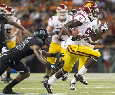 USC’s Marqise Lee (9) stepped out of trouble against Hawaii and he figures to be a handful for WSU. (Associated Press)