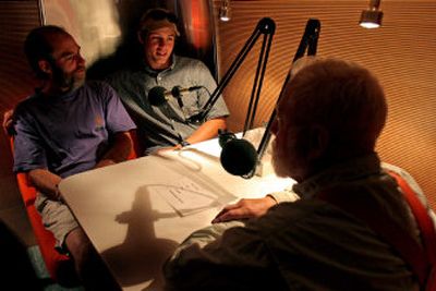 
Tom Townsend, right, is interviewed by son Mark Townsend, left, and grandson Dana Townsend in the StoryCorps studio in Moscow, Idaho, Friday. 
 (Christopher Onstott/ / The Spokesman-Review)