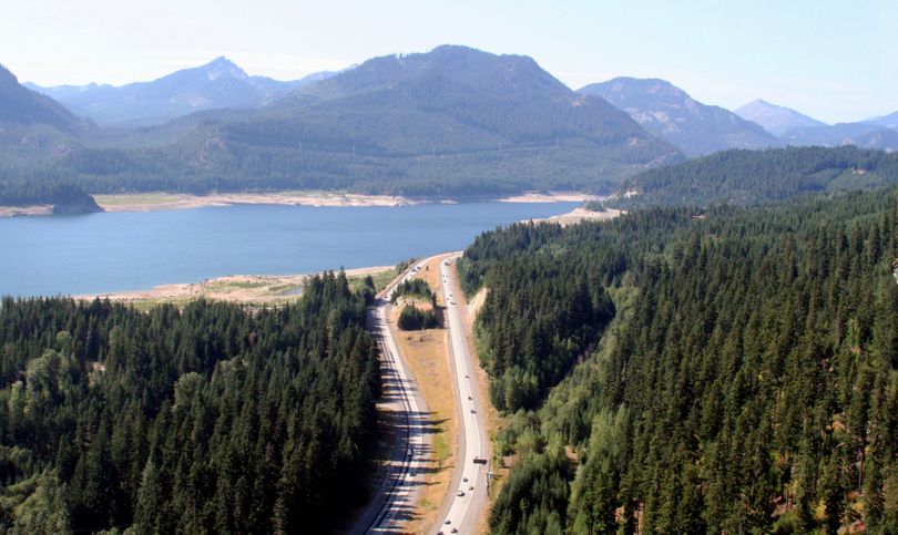 Washington Department of Transportation plans to construct a wildlife crossing over all Interstate 90 lanes in this area near Keechelus Dam when funding becomes available. This photograph shows the existing area on I-90 just east of Snoqualmie Pass.
 (Washington Department of Transportation)