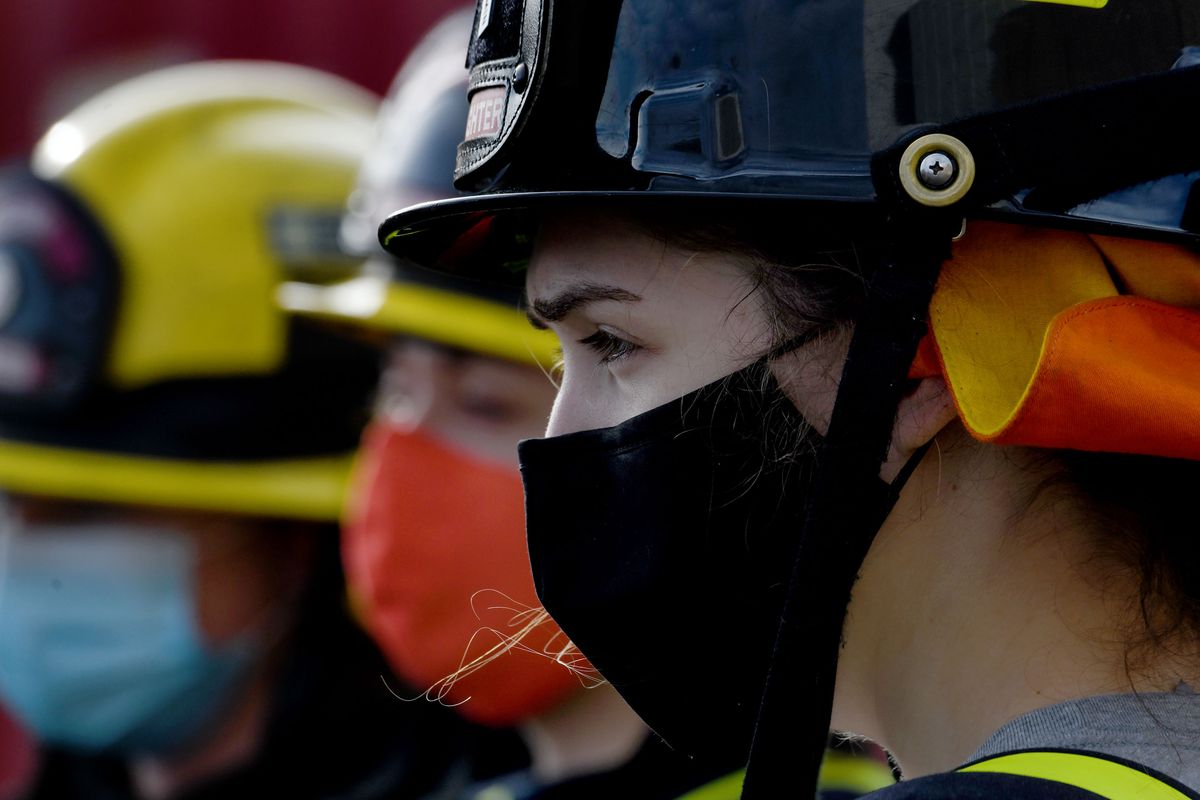 Firefighter Cierra Benjamin, of McMinnville, Oregon listens to instruction during the International Women in Fire conference in Spokane on Wednesday, Sept. 29, 2021.  (Kathy Plonka/The Spokesman-Review)