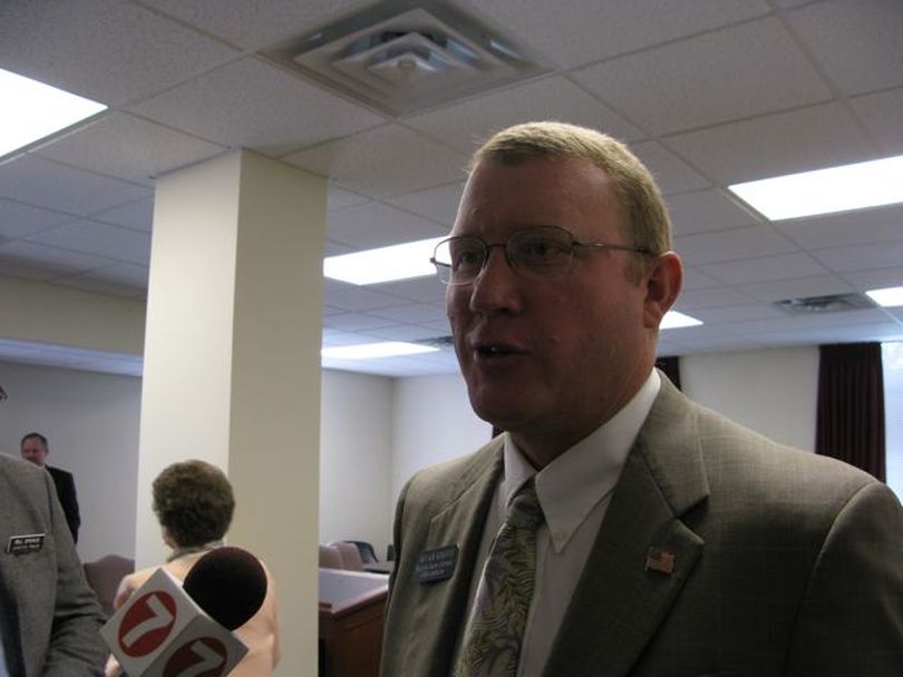 House Majority Caucus Chairman Ken Roberts, R-Donnelly, answers questions from reporters after a closed majority caucus on Monday morning. (Betsy Russell / The Spokesman-Review)