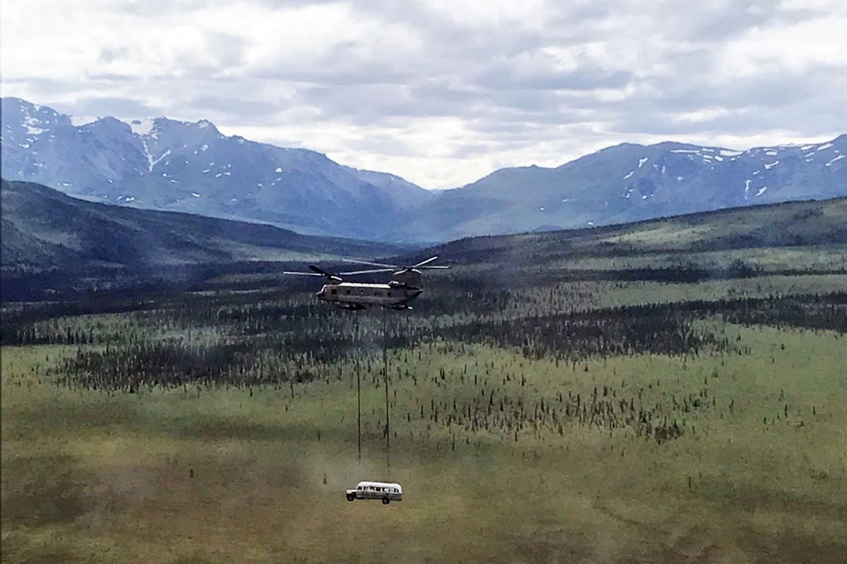 Alaska Army National Guard soldiers use a CH-47 Chinook helicopter to airlift the long-abandoned “Into the Wild” bus June 18, 2020, in Denali National Park.  (Sgt. Seth LaCount)