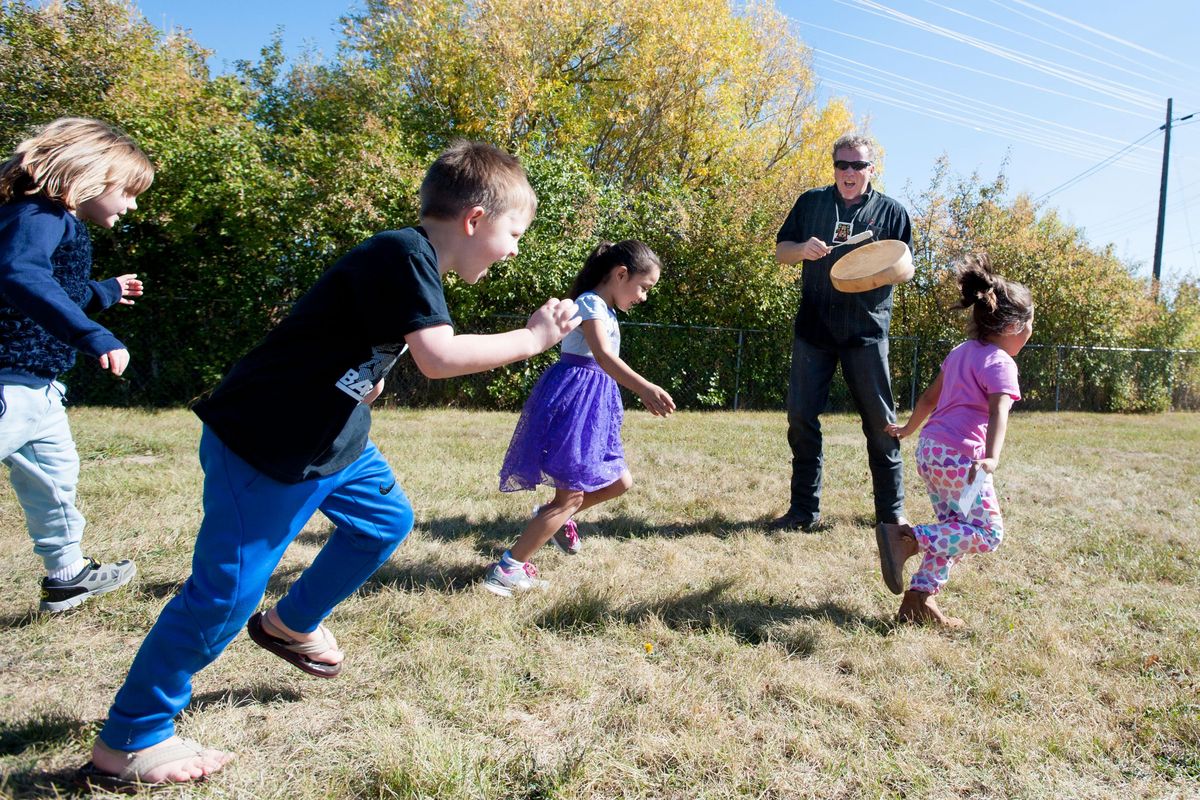 Teacher Todd Ellingburg leads students in an exercise where drum beats are counted off in the Salish language on Wednesday, Sept. 27, 2017, at the Salish School in Cusick, Wash. (Tyler Tjomsland / The Spokesman-Review)