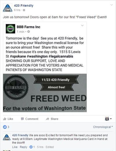 4:20 Friendly posted information about its “Freed Weed” event Tuesday to its Facebook page. Both 4:20 Friendly and BBB Farms Inc. have since deleted their posts about the “Freed Weed” event. (Facebook)