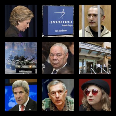 This combination of photos shows, top row from left, Hillary Clinton, the logo of the defense contractor Lockheed Martin, and former Russian oil tycoon Mikhail Khodorkovsky; middle row from left, tanks at a military parade in Kiev, Ukraine, former U.S. Secretary of State Colin Powell and the Democratic National Committee headquarters in Washington; bottom row from left, former Secretary of State John Kerry, former NATO Supreme Commander Wesley Clark and Maria Alekhina of the Russian punk band Pussy Riot. These people and organizations were among the thousands targeted by the hacking group Fancy Bear, which disrupted the 2016 U.S. presidential election. Fancy Bear had ambitions well beyond Clinton’s campaign, according to a previously unpublished digital hit list obtained by the Associated Press. (Associated Press)