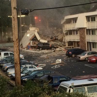 Debris rests on the ground after a portion of Motel 6 collapsed Tuesday in Bremerton. (Christine Clarridge)