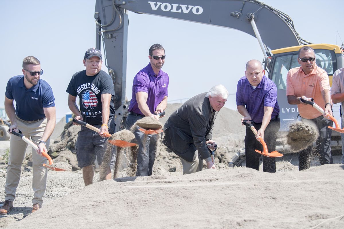 Officials from the Kalispel Tribe and development companies ceremonially break ground at the Northern Quest Casino Tuesday, Aug. 1, 2017, after announcing a casino expansion, a new apartment complex and a new movie theater nearby. (JESSE TINSLEY/The Spokesman-Review)