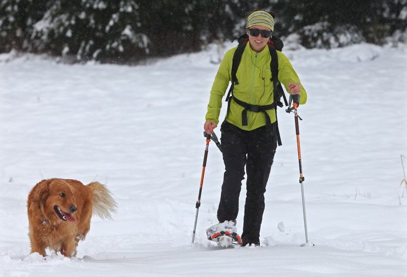 Windy Leu, passes under the Hogsback Express lift with her dog Cedar on Tuesday, Oct. 26, 2010 in Stevens Pass, Wash. A robust storm brought snow to the Washington Cascades and Olympics, as well as high surf on the coast and rain and wind in the Western Washington lowlands.  (Steve Ringman / The Seattle Times)
