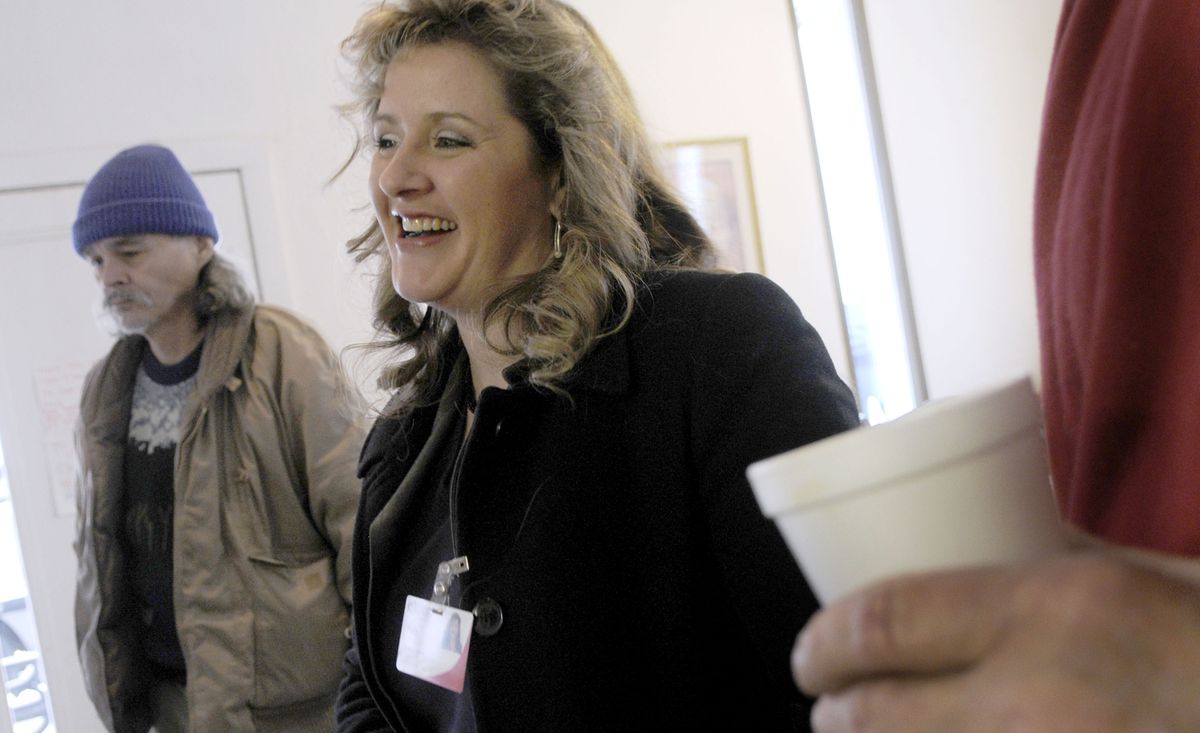 Patty McGruder, outreach worker for Dirne Health Centers in Coeur d’Alene, is pictured at Fresh Start on Jan. 23. (Kathy Plonka / The Spokesman-Review)