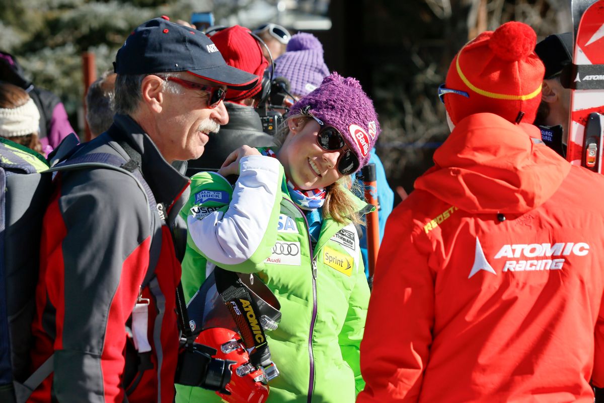 Mikaela Shiffrin, center, talks with her ski technician, right, along with her father, Jeff Shiffrin, after a practice run in Aspen, Colo., during November 2012.  (Nathan Bilow)