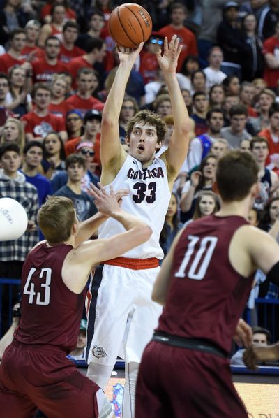 Gonzaga forward Kyle Wiltjer (33) shoots a three-pointer during the first half of a men's college basketball game, Thurs., Jan. 28, 2016, in the McCarthey Athletic Center. (Colin Mulvany / The Spokesman-Review)