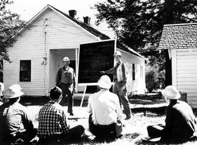 
Forest rangers listen to instructors at Snyder Guard School. 
 (Photo courtesy of Museum of North Idaho / The Spokesman-Review)
