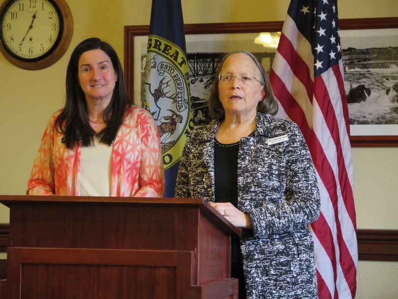 Rep. Ilana Rubel, D-Boise, left, and Sen. Maryanne Jordan, D-Boise, right, call for action on Idaho's health coverage gap, during a news conference at the state Capitol on Wednesday, March 14, 2018. (The Spokesman-Review / Betsy Z. Russell)