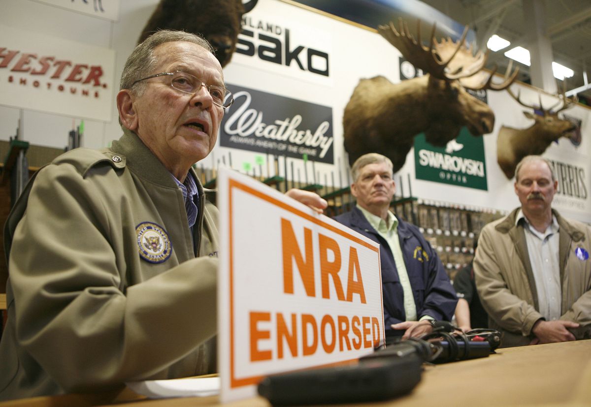 Sen. Ted Stevens, R-Alaska, talks about being endorsed by the National Rife Association at a sporting goods store in Anchorage, Alaska, on Wednesday. The 84-year-old Republican handily won his primary race for Senate. (Associated Press / The Spokesman-Review)