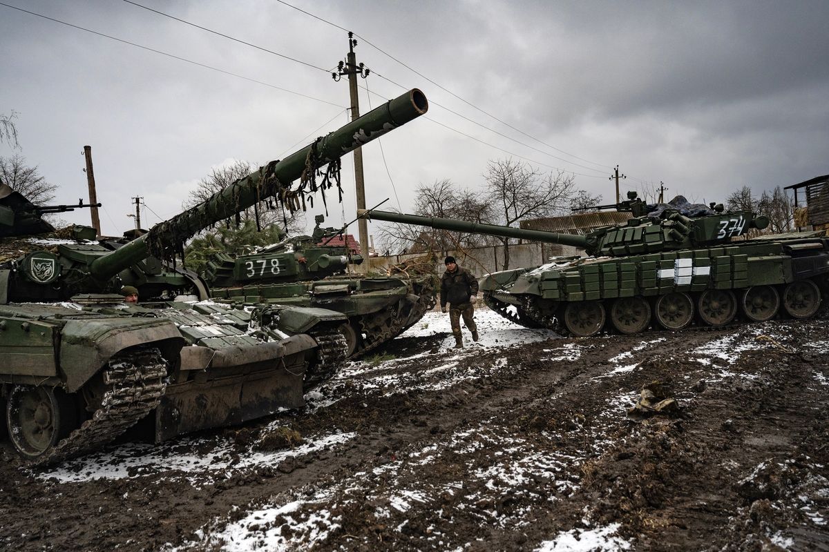 Tanks in a village near the front in eastern Ukraine on Sunday, Feb. 5, 2023. As Russia makes slow, bloody gains in a renewed push to capture more of eastern Ukraine, it is pouring ever more conscripts and military supplies into the battle, Ukrainian officials say, although it remains far from clear that Moscow could mobilize enough forces to sustain a prolonged offensive.   (LYNSEY ADDARIO)