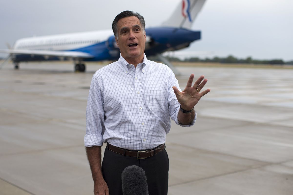 Republican presidential candidate, former Massachusetts Gov. Mitt Romney holds a news conference after landing at Jetsun Aviation Center, Friday, Sept. 7, 2012, in Sergeant Bluff, Iowa. (Evan Vucci / Associated Press)