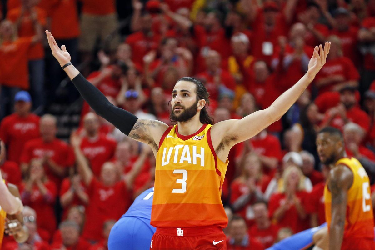 Utah Jazz guard Ricky Rubio (3) reacts after being fouled as he shot a three-point basket against the Oklahoma City Thunder in the first half during Game 3 of an NBA basketball first-round playoff series Saturday, April 21, 2018, in Salt Lake City. (Rick Bowmer / Associated Press)