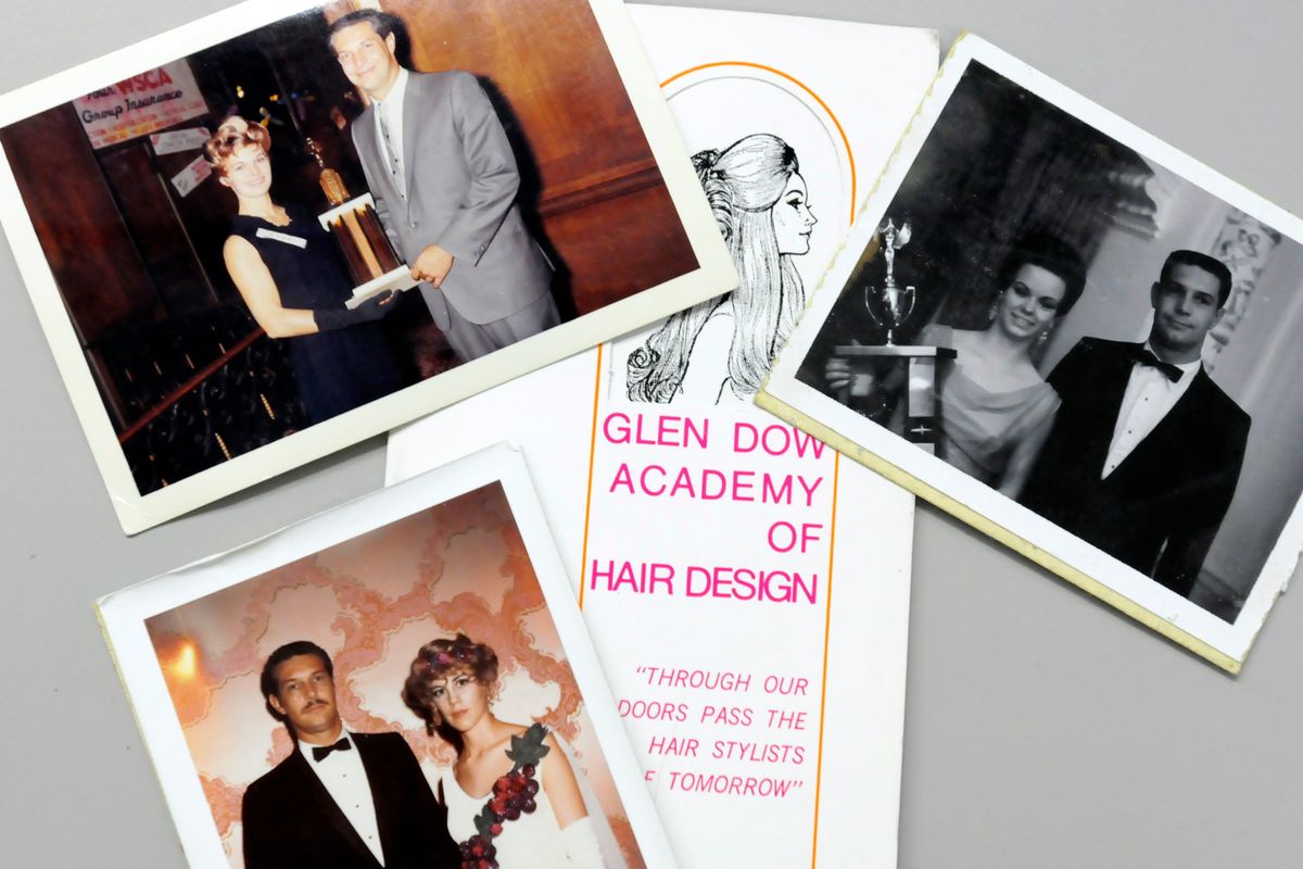 Glen Dow, founder of a popular beauty school in Spokane, is shown in various photos with hair models and the awards he has won over the years.  (Courtesy of Dow family)