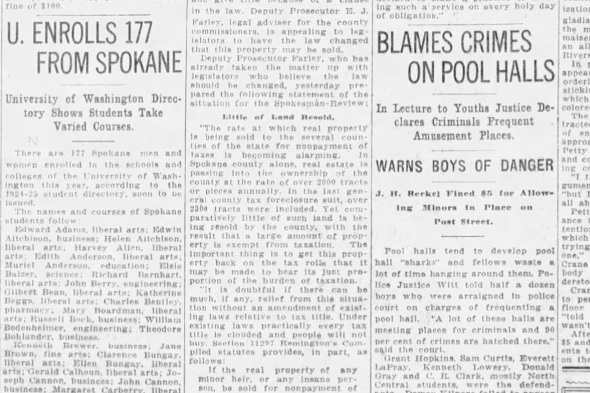 A half dozen boys were fined $5 (which was suspended) after they were arrested when they were found playing pool at a downtown pool hall, The Spokesman-Review reported on Dec. 7, 1924. Youths under the age of 18 were banned in pool halls.  (Spokesman-Review archives)