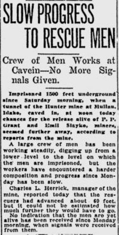 Two stranded miners stopped sending signals to rescuers after a cave-in at Hunter Mine in Mullan, Idaho, the Spokane Daily Chronicle reported Nov. 18, 1919. (S-R archives)