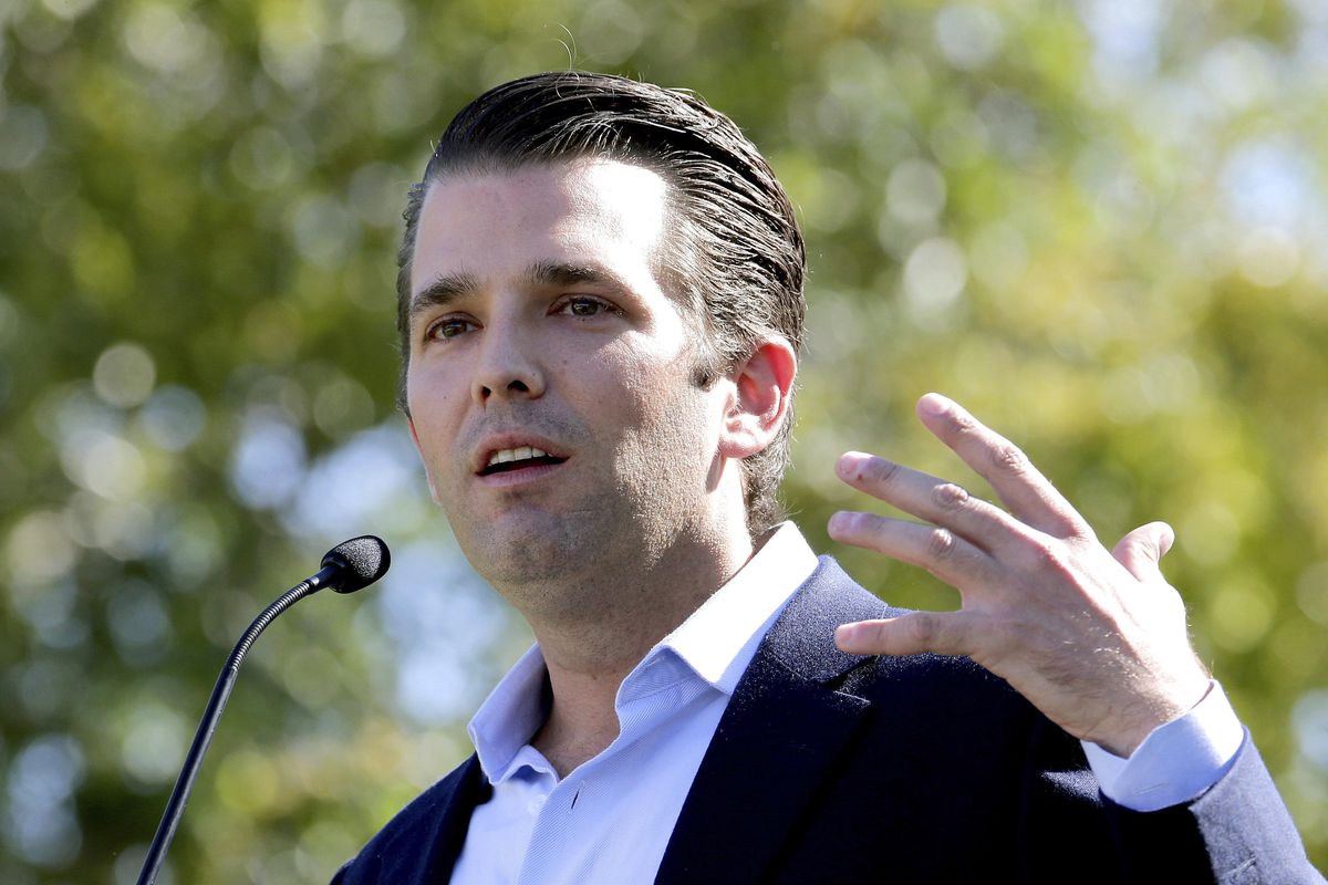 A Russian lawyer who met with Donald Trump Jr. – seen here Nov. 4, 2016 – last year says he indicated that a law targeting Russia could be re-examined if his father won the election and asked her for written evidence that illegal proceeds went to Hillary Clinton’s campaign. (Matt York / Associated Press)