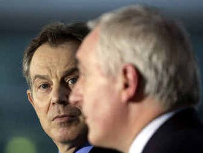 
British Prime Minister Tony Blair, left, and his Irish counterpart Bertie Ahern on Wednesday. British Prime Minister Tony Blair, left, and his Irish counterpart Bertie Ahern on Wednesday. 
 (Associated PressAssociated Press / The Spokesman-Review)