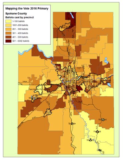 This map shows the vote count in Spokane County precincts for the 2016 state primary. (Jim Camden/The Spokesman-Review)
