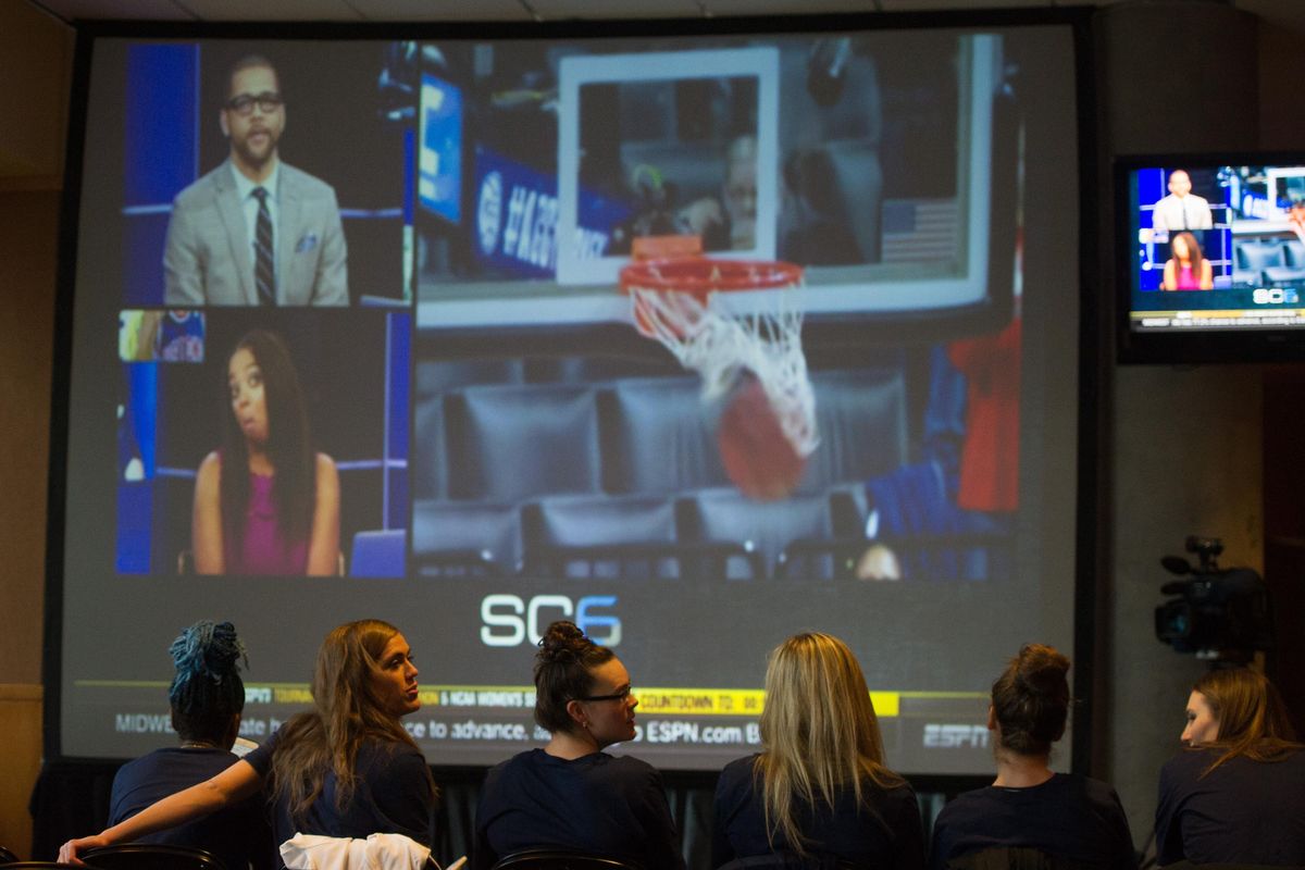 Gonzaga waits before selection show watch party on Monday, March 13, 2017, at Gonzaga University in Spokane, Wash. (Tyler Tjomsland / The Spokesman-Review)