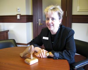 Sen. Shawn Keough, R-Sandpoint, with the hand-carved gavel in the shape of a woman's shoe that she was presented last month by former state Rep. Max Black (Betsy Z. Russell)