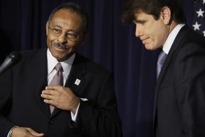 Illinois Gov. Rod Blagojevich, right, announces his choice of former state attorney general Roland Burris on Tuesday in Chicago to fill President-elect Barack Obama’s U.S. Senate seat.  (Associated Press / The Spokesman-Review)