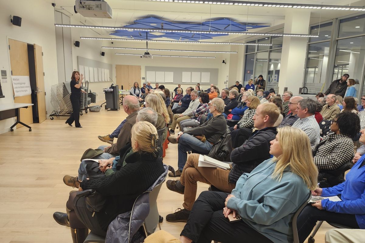 Washington Commissioner of Public Lands Hilary Franz speaks to Latah Valley residents at Spokane Public Library.  (Amanda Sullender/The Spokesman-Review)