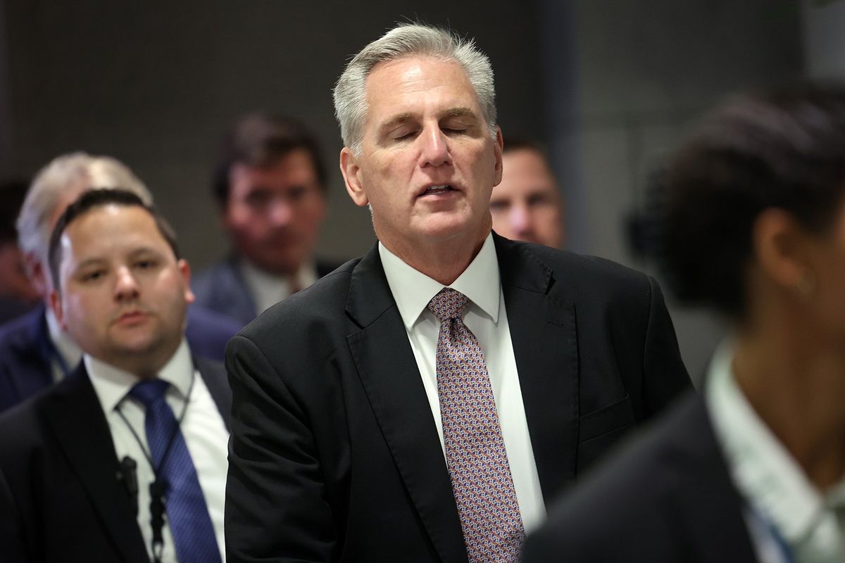 U.S. Speaker of the House Kevin McCarthy (R-Calif.) makes his way to a Republican caucus meeting at the U.S. Capitol Building on Wednesday in Washington, D.C.  (Kevin Dietsch)