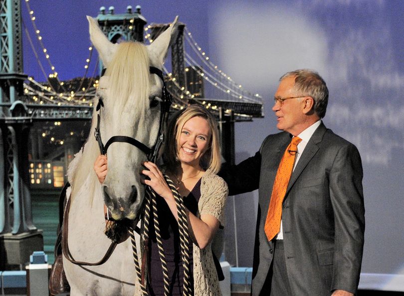 Erin Bolster and her horse, Tonk, meet David Letterman on stage Tuesday. (CBS)