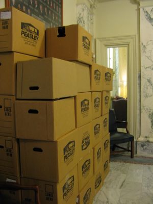 Boxes stacked in hallways of House chamber are a sign of pending adjournment of the session... (Betsy Russell)