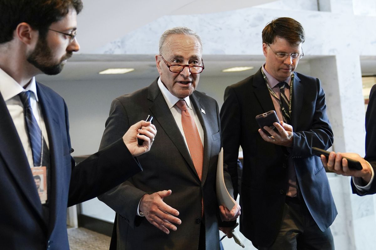 Senate Majority Leader Chuck Schumer of N.Y., talks with reporters on Capitol Hill in Washington, Tuesday, June 8, 2021.  (Susan Walsh)