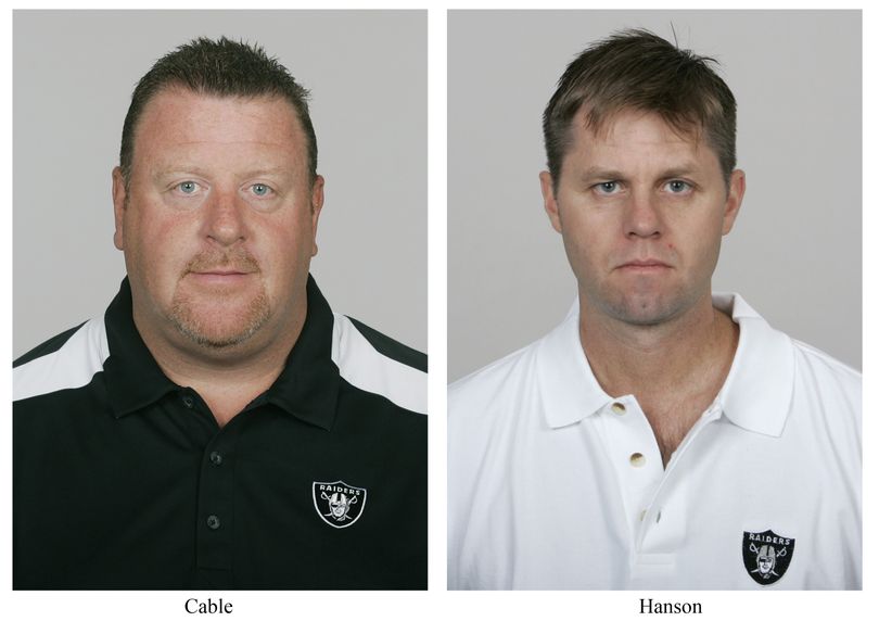 ORG XMIT: NY156 In these undated photos provided by the NFL, Oakland Raiders coach Tom Cable, left, and defensive assistant Randy Hanson are shown.  Cable declined to comment Monday, Aug. 17, 2009, about reports he punched Hanson in the jaw and caused injuries that required treatment at a hospital earlier this month. According to AOL Fanhouse, Cable hit Hanson on Aug. 5 for unknown reasons. A report filed with the Napa Police Department describes an unnamed 41-year-old assistant coach being treated at the Queen of the Valley Hospital for a jaw injury. (AP Photos/NFL) (The Spokesman-Review)