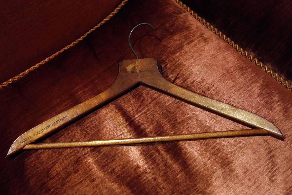In this Wednesday, Oct. 17 2012 photo, a coat hanger is photographed at the Waldorf Astoria hotel in New York. Dozens of items were returned recently as part of the hotel�s �Amnesty� program _ no questions asked, unless people volunteer some fascinating stories. (Mary Altaffer / Associated Press)