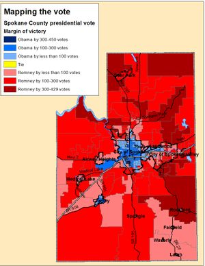 Map of the final vote margins in Spokane County precincts in the 2012 presidential race (Jim Camden)