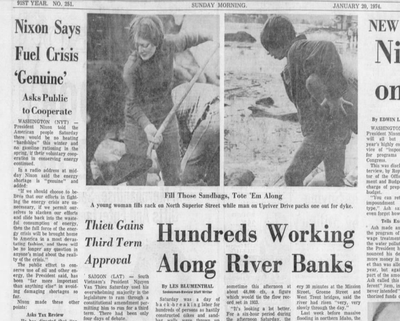 The Inland Northwest was dealing with flooding, and the Spokane River was now approaching Expo ’74’s Ford Pavilion site and pools were forming at the carnival site, The Spokesman-Review reported on Jan. 20, 1974.  (Spokesman-Review archives)