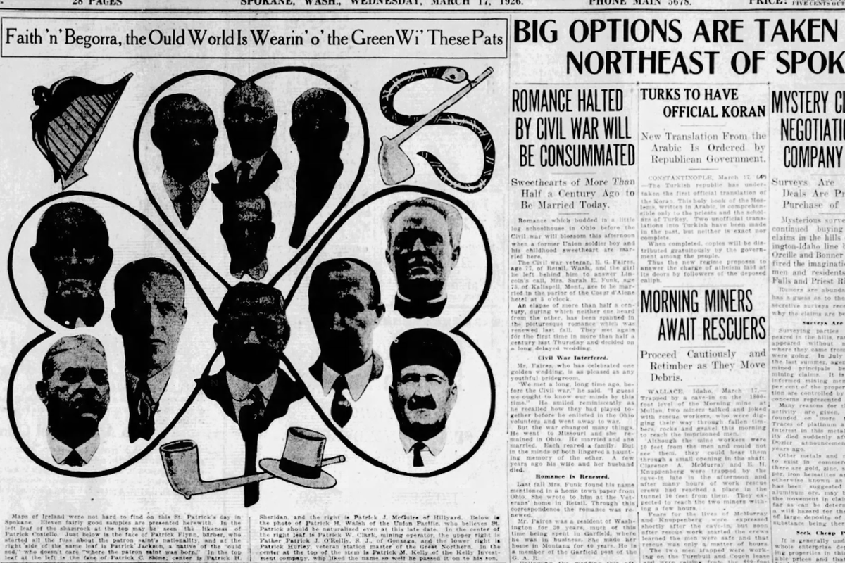 Two miners, Clarence McMurray and Dan Knuppenberg, were trapped by a cave-in on the 1800-foot level of the Morning Mine in Mullan, Idaho, but crews were in contact with them and they were said to be in good condition, the Spokane Daily Chronicle reported on March 17, 1926. The newspaper also reported that Civil War veteran E.G. Faires who lived in a veterans home in Kitsap County was planning to marry his sweetheart from before the war Sarah E. Funk. The two were separated by the war and started families with different people. But they had both lost their spouses and planned to marry in Coeur d’Alene.  (Spokesman-Review archives)