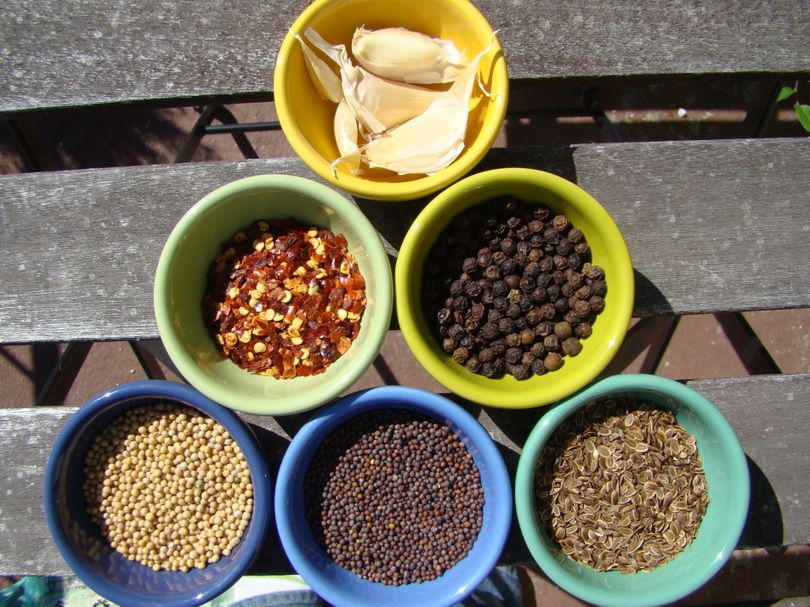 Pickling spices from left to right, top to bottom: garlic, red pepper flakes, black peppercorns, yellow mustard seed, brown mustard seed, dill seed.  (Maggie Bullock)
