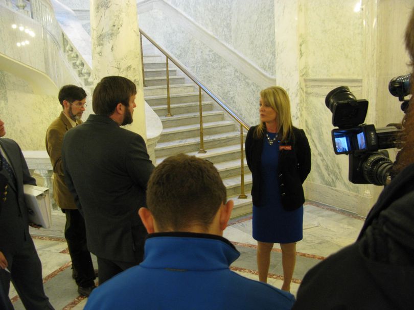 Idaho superintendent of schools Sherri Ybarra answers questions from reporters after her budget presentation to lawmakers on Thursday (Betsy Z. Russell)