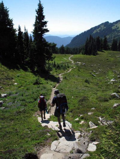 
Descending from Spray Park, Frank and Elsbeth Otto follow rock steps set by Wonderland Trail crews.
 (The Spokesman-Review)