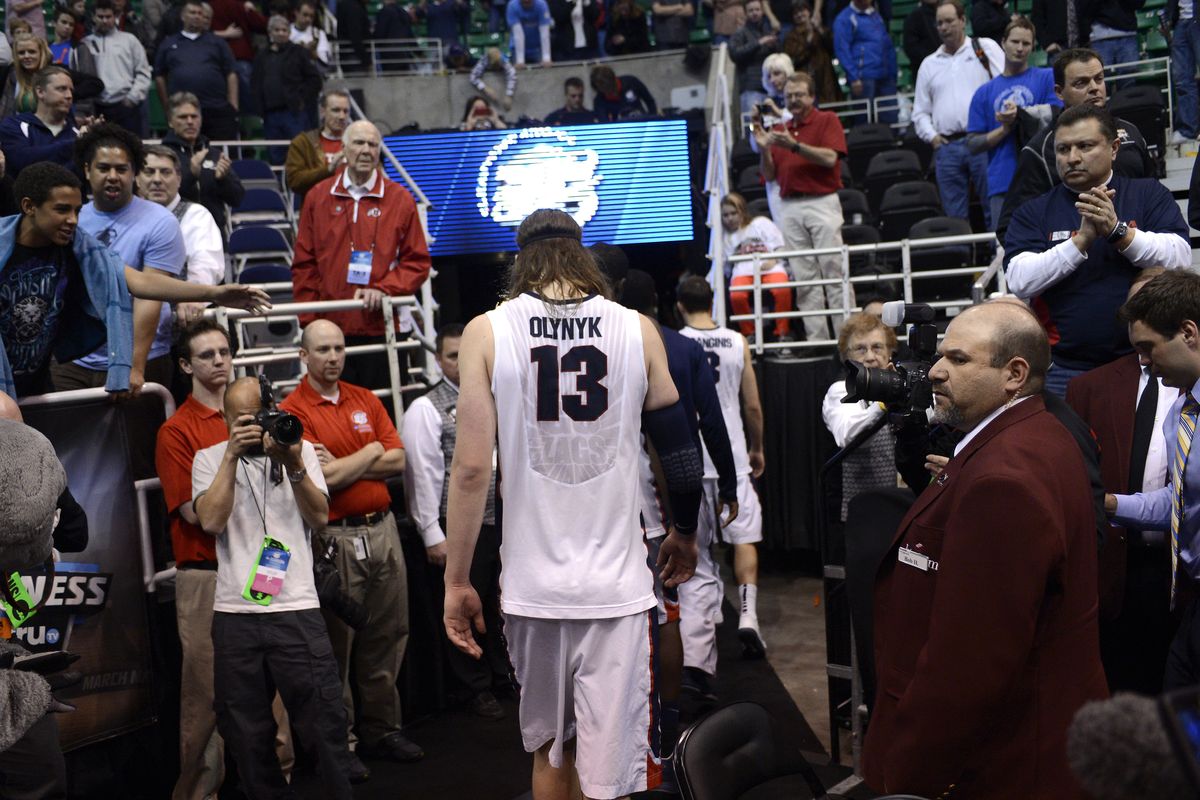 Will this be the last time Kelly Olynyk leaves the court as a Zag? He has to decide whether to declare early for the NBA draft. (Colin Mulvany)