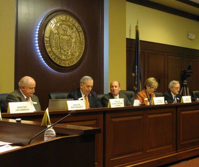 Members of the Senate Ethics Committee, including, from left, Sens. Bert Brackett, Dean Mortimer (chairman), Elliot Werk, Diane Bilyeu and Dan Schmidt, convene on Monday morning; not shown at left is Sen. Jim Hammond, R-Coeur d'Alene. (Betsy Russell)