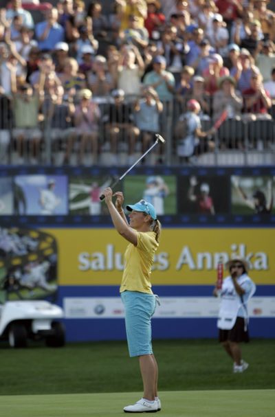 Annika Sorenstam waves to fans after the end of the final day of Dubai Ladies Masters golf tournament on Sunday.   (Associated Press / The Spokesman-Review)