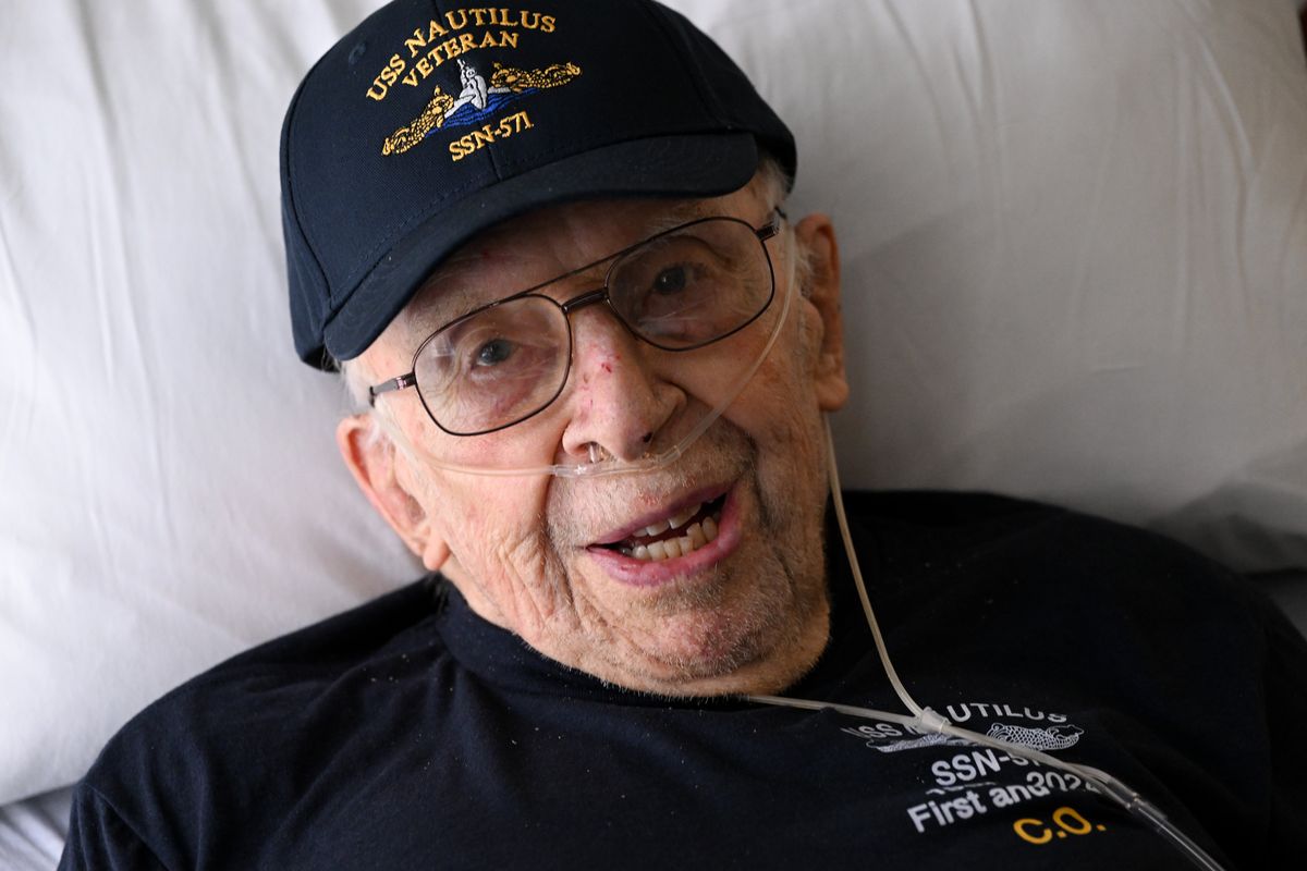 Submarine veteran Capt. Frank Fogarty, retired U.S. Navy, turned 100 on April 18. He smiles as he talks about his service on board the Navy’s first nuclear submarines, particularly the USS Nautilus, on Wednesday, Apr. 24, 2024, in Spokane, Wash.  (Tyler Tjomsland/The Spokesman-Review)