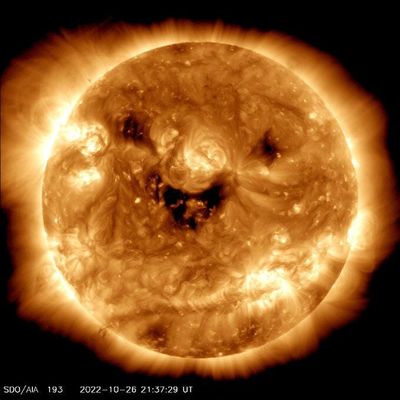 NASA’s Solar Dynamics Observatory captured a photo of a “smiling” sun last week.  (NASA' Solar Dynamics Observatory/NASA' Solar Dynamics Observatory)